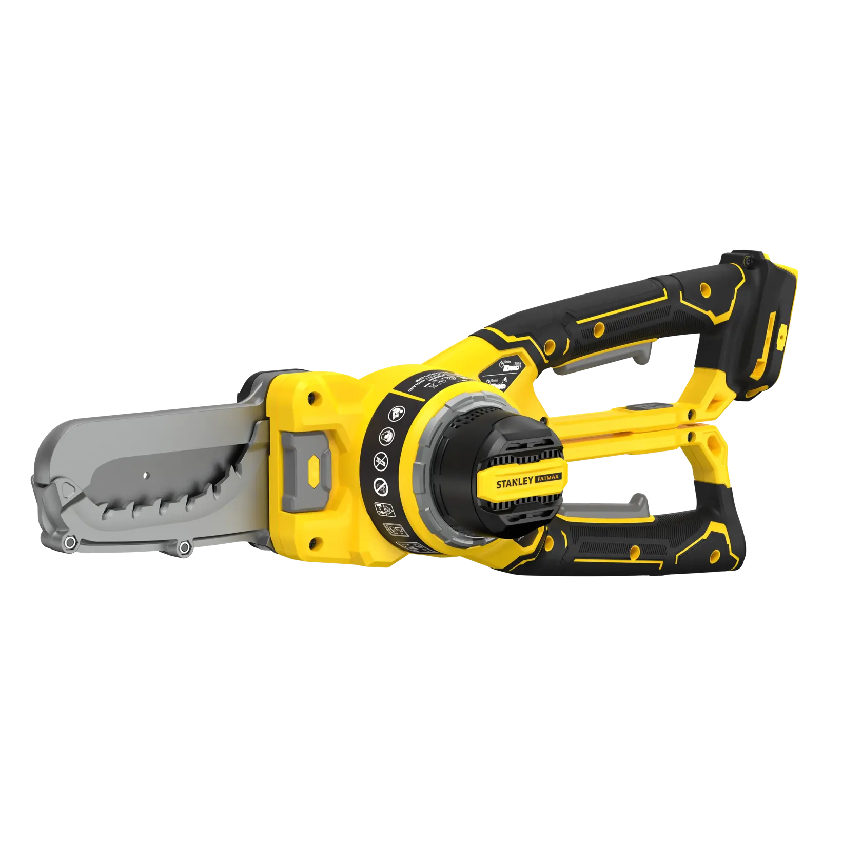 STANLEY SFMCPS515B cordless pole saw, yellow and black, side view on white background.