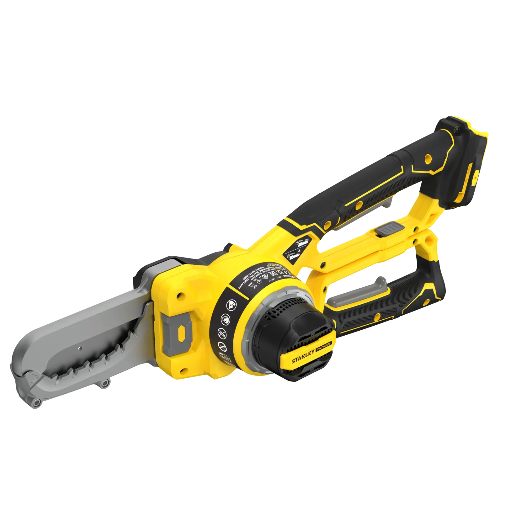 STANLEY SFMCPS515B cordless pruner saw, yellow and black, side angle on white background.