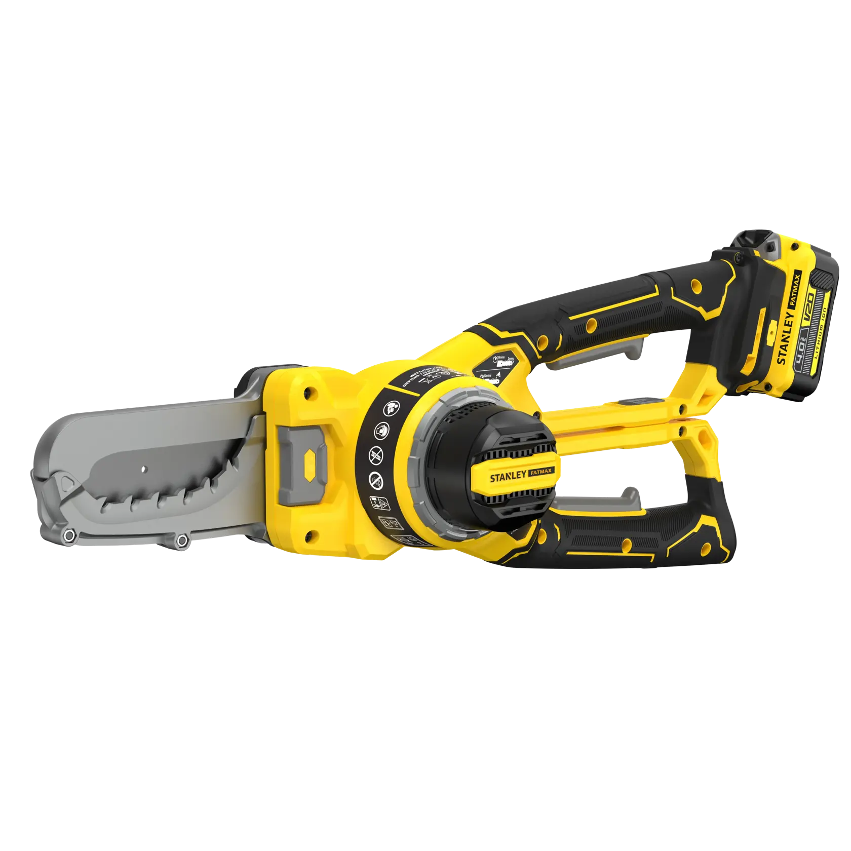 STANLEY SFMCPS515M1 cordless pole saw, yellow and black, side view on white background.