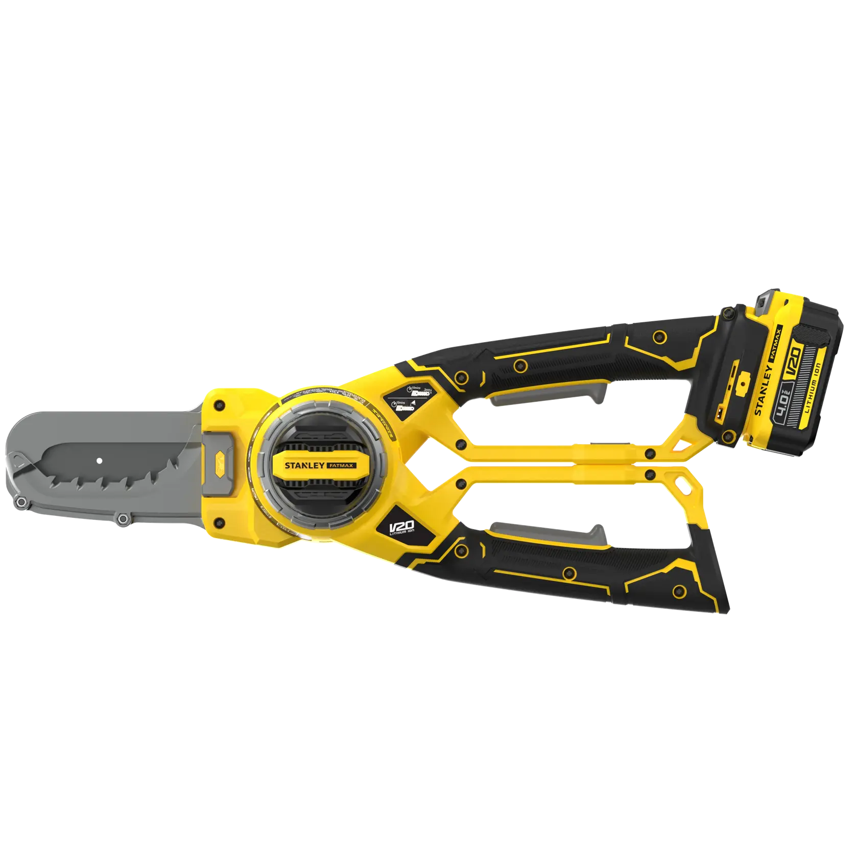 STANLEY SFMCPS515M1 battery pruning saw, yellow and black, side angle on white background.
