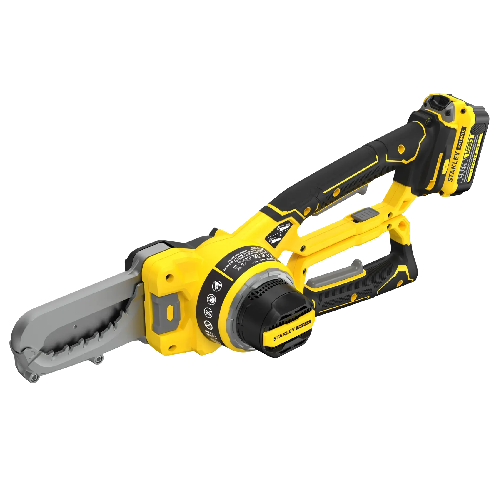 STANLEY SFMCPS515M1 cordless mini chainsaw, yellow and black, side angle, suitable for pruning.