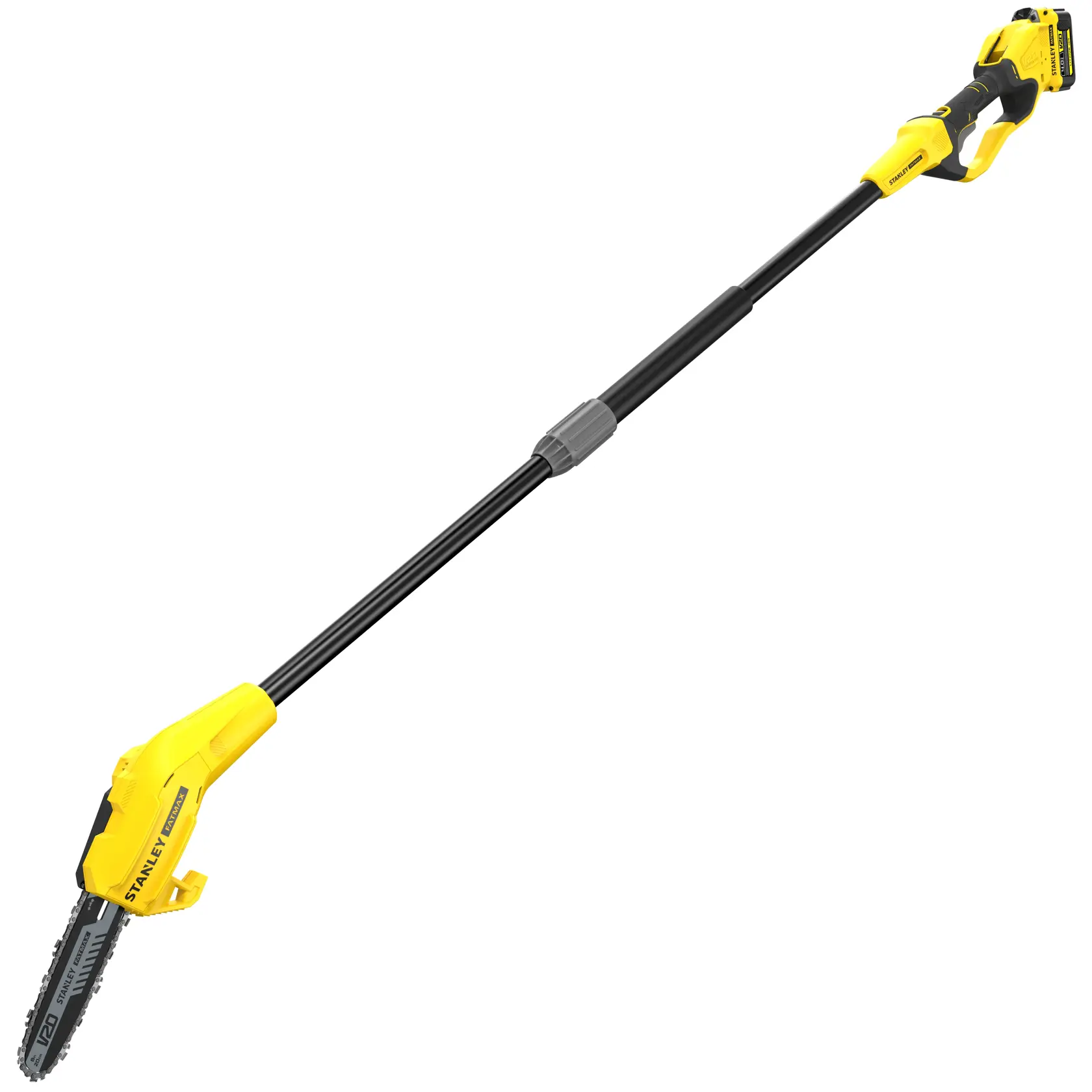 Photo of STANLEY SFMCPS620M1 cordless pole saw with yellow and black design, side view on white background.