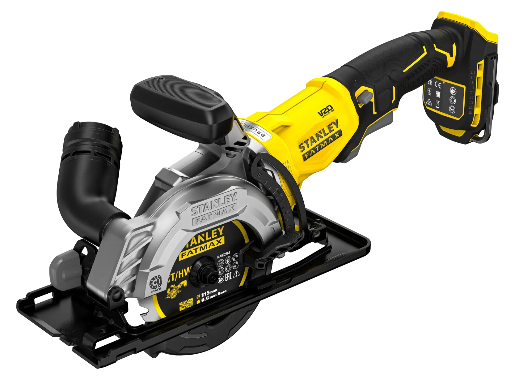 STANLEY SFMCS515B cordless circular saw, yellow and black, side angle on white background.