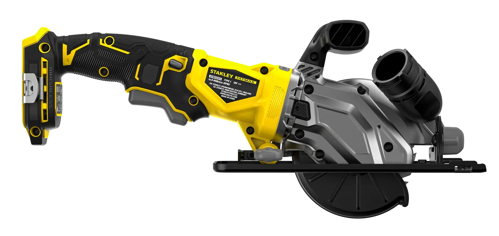 STANLEY SFMCS515B cordless circular saw side view, yellow and black with ergonomic handle and visible battery slot.