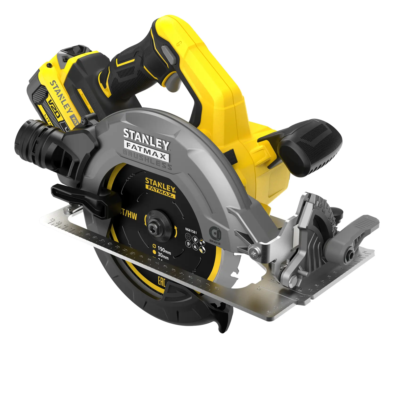 STANLEY SFMCS550M2K cordless circular saw, yellow and black, side angle photo on white background.