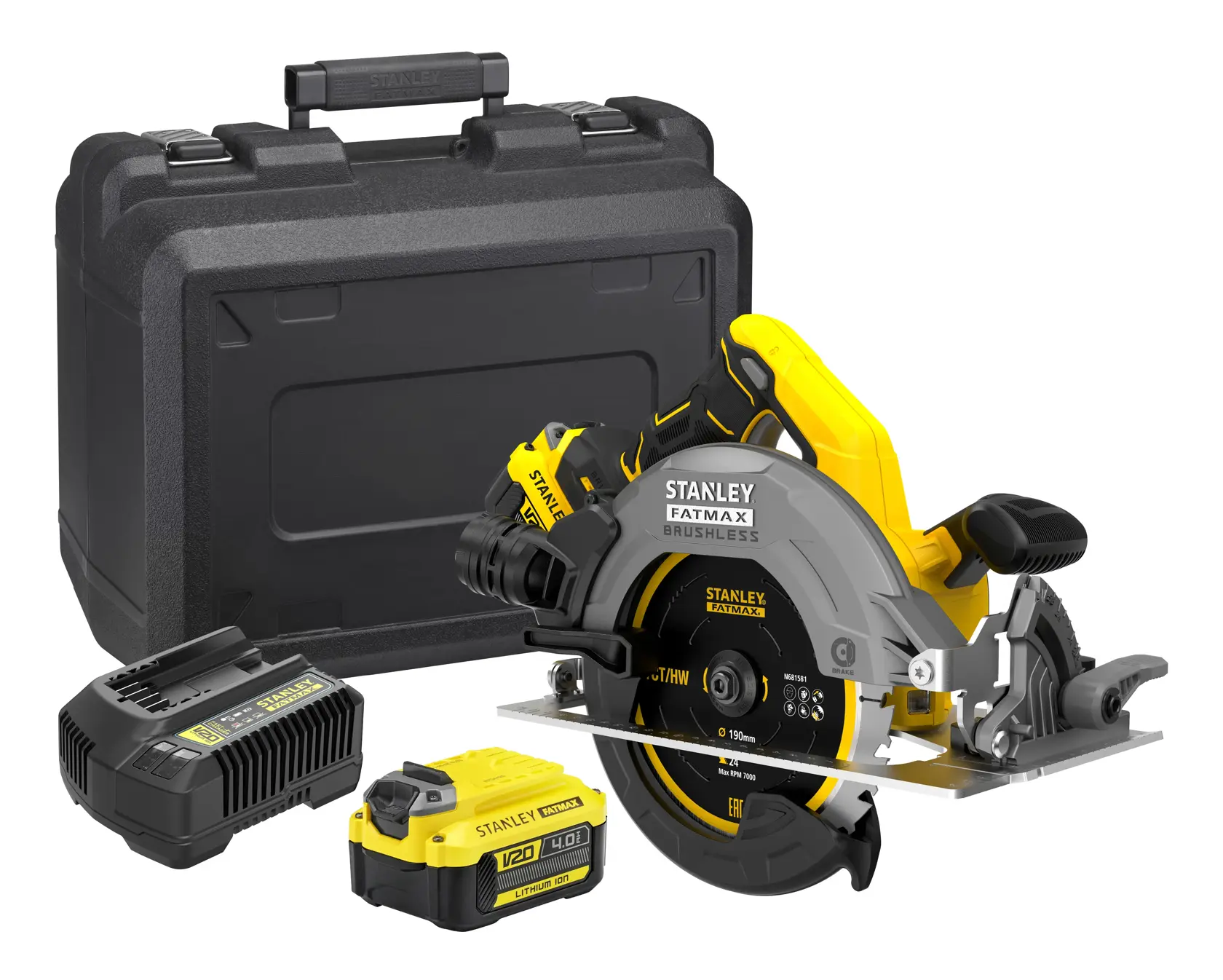 STANLEY SFMCS550M2K cordless circular saw kit with hard case, battery, and charger, front angle.