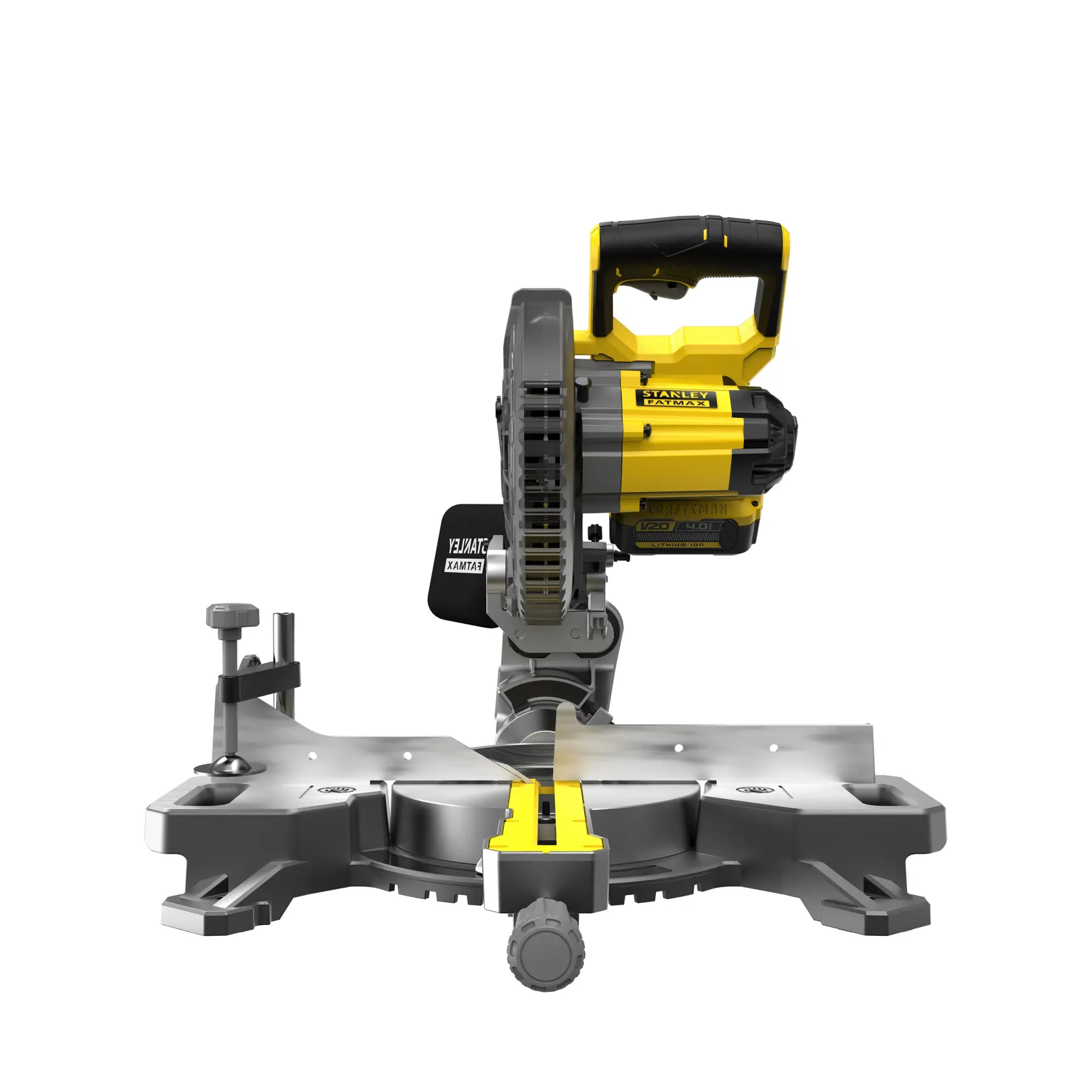 STANLEY SFMCS701M1 miter saw, yellow and black, front view, on white background.