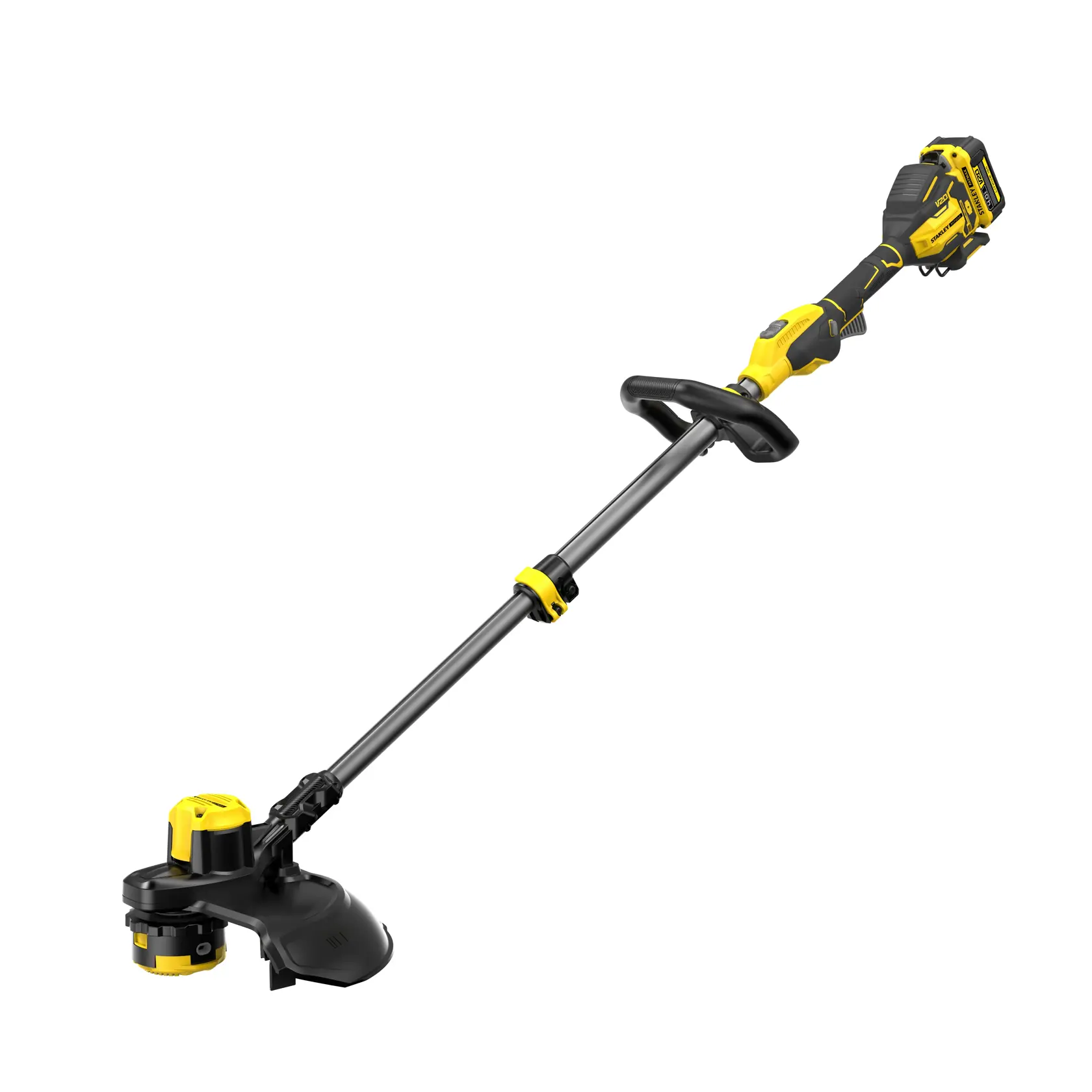 Stanley cordless grass trimmer with yellow and black design and adjustable handle, shown against a white background.