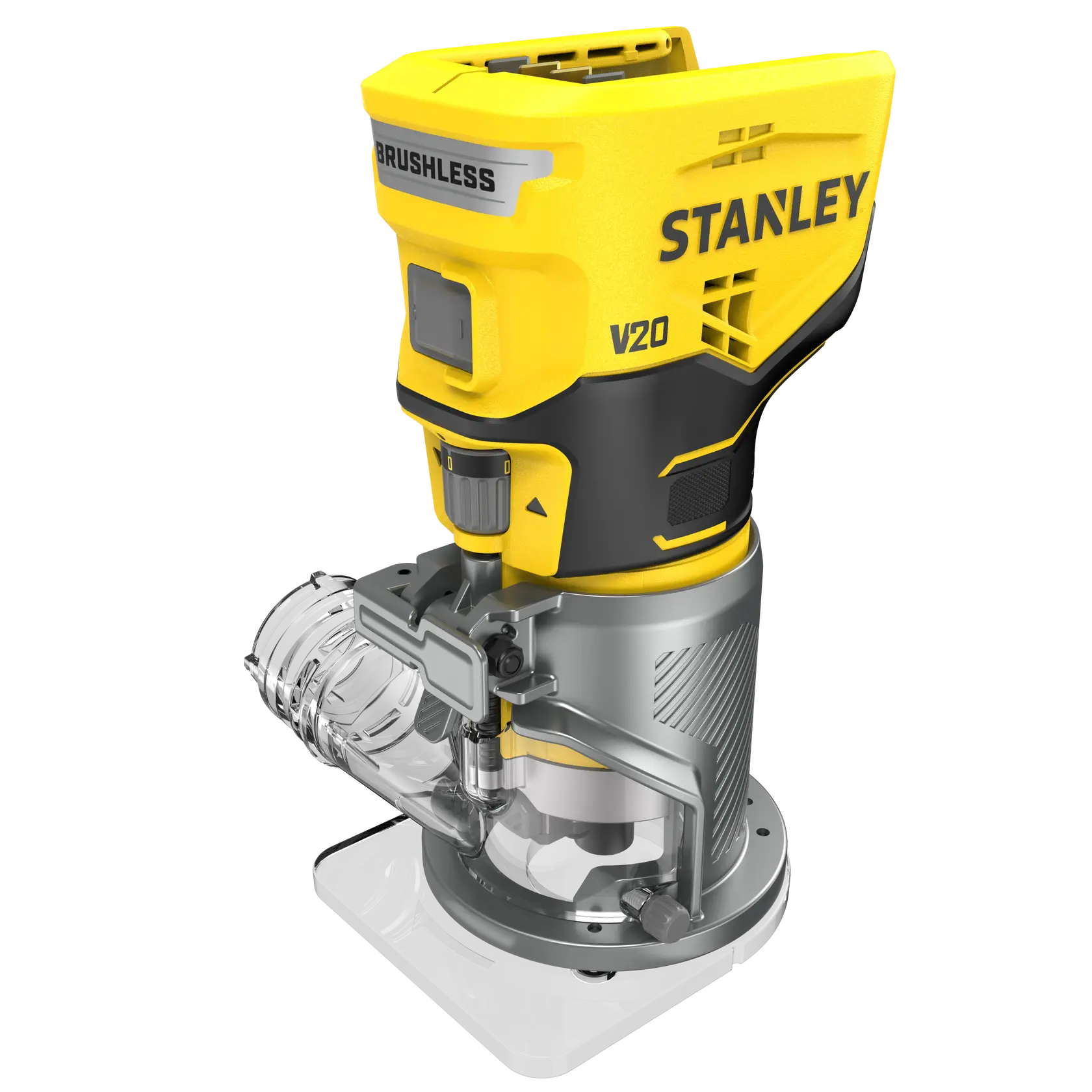 STANLEY SFMCW400B cordless router, yellow and black, three-quarter angle on white background.