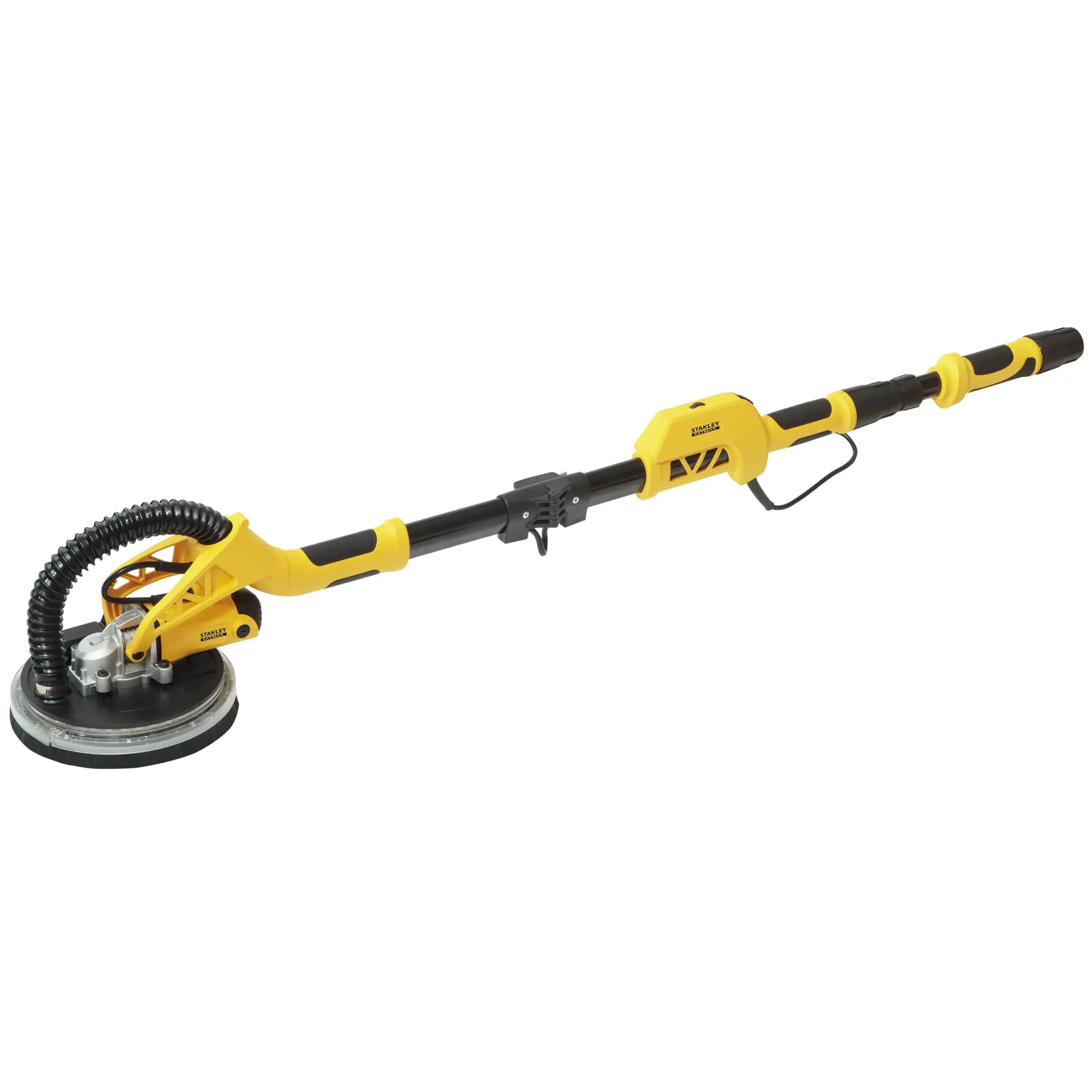 Photo of STANLEY SFMEE500S drywall sander, yellow and black, side angle with extendable handle and dust hose.
