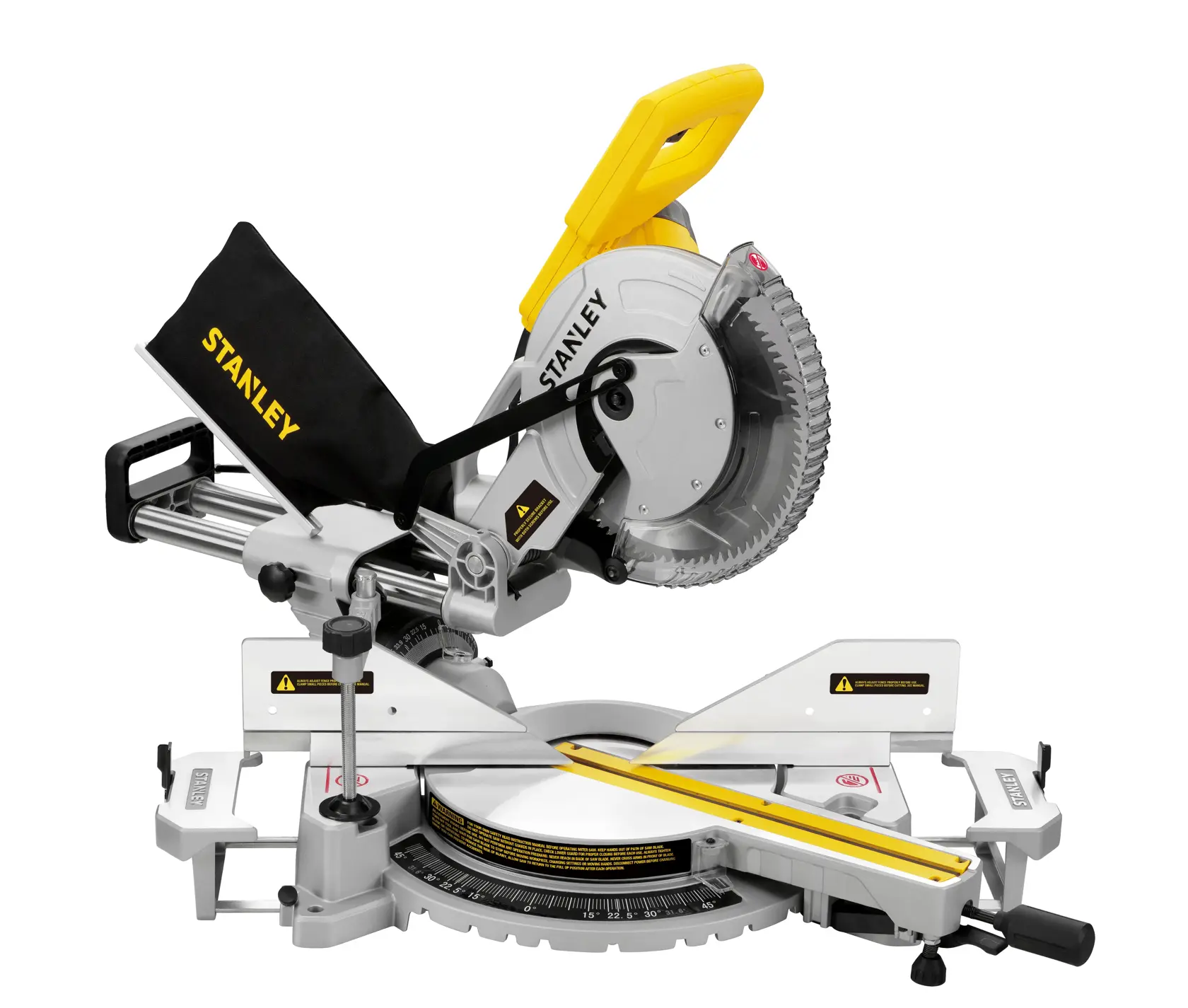 Photo of STANLEY SM1800 sliding compound miter saw, silver with yellow and black accents, side angle on white background.