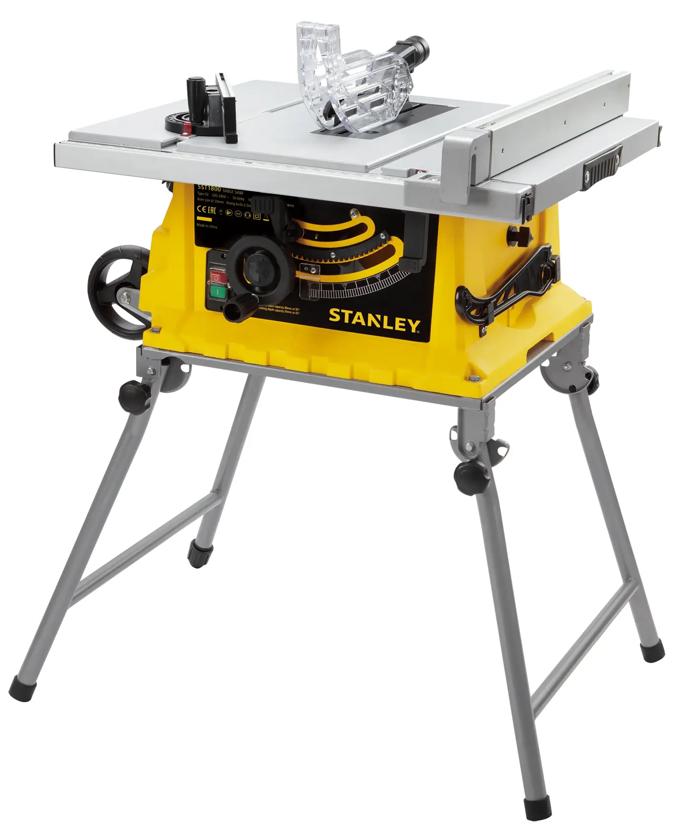 STANLEY SST1800 table saw with yellow base and folding metal stand, angled front view.