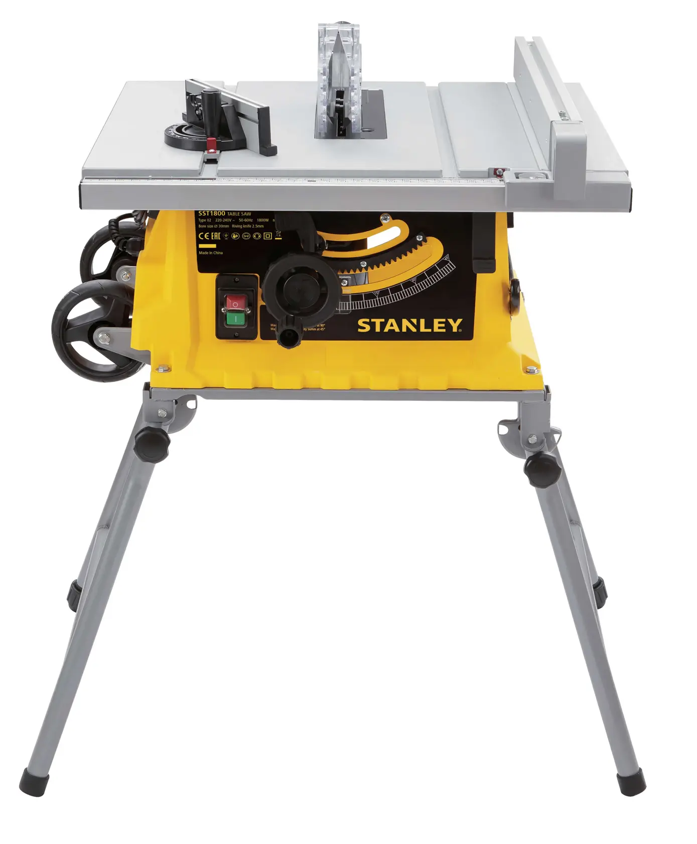STANLEY SST1800 table saw with yellow base, silver top, foldable legs, and visible adjustment knobs, front angle.