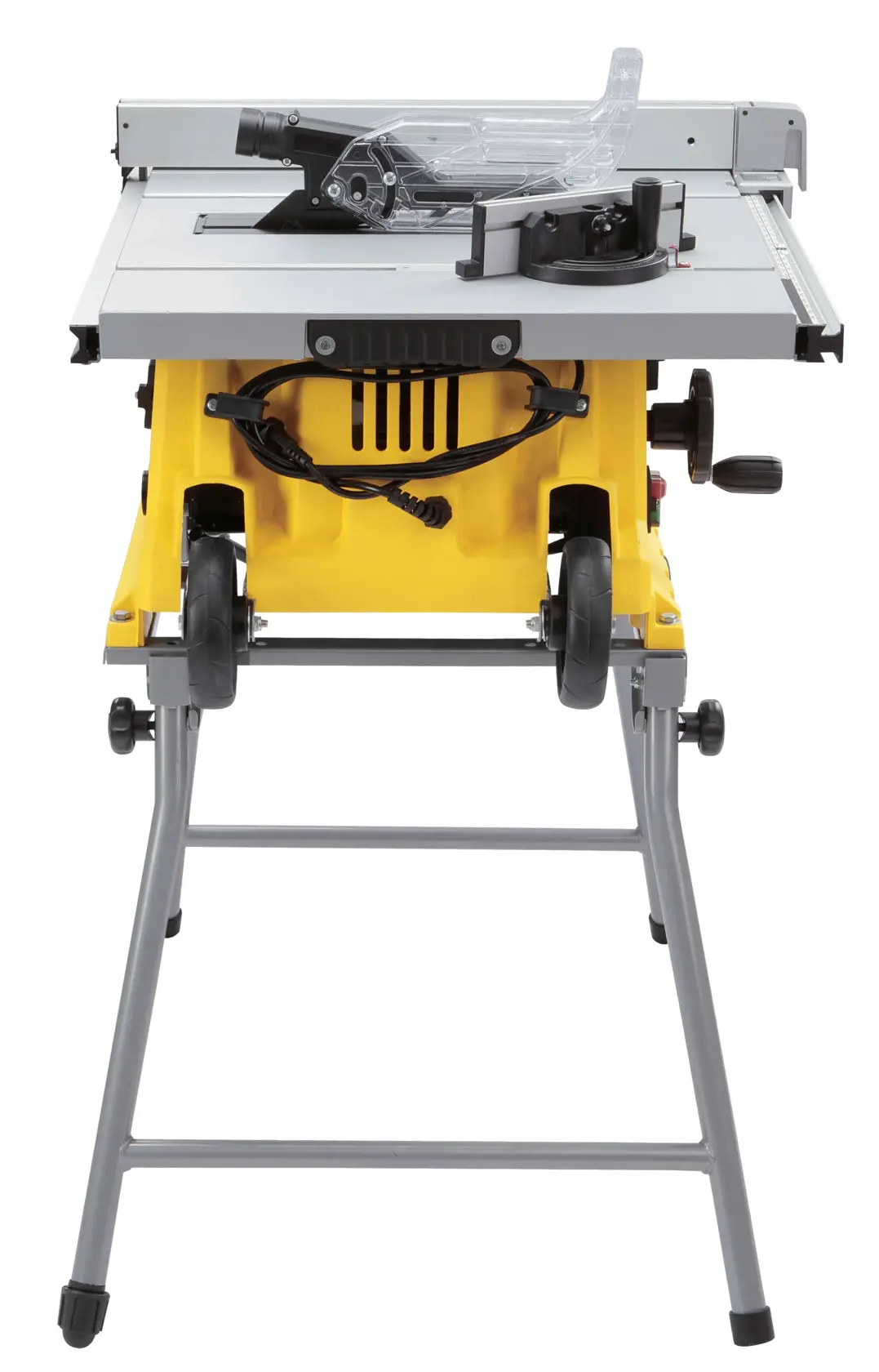 STANLEY SST1800 table saw with yellow base, foldable metal stand, wheels, and clear blade guard, front angle.