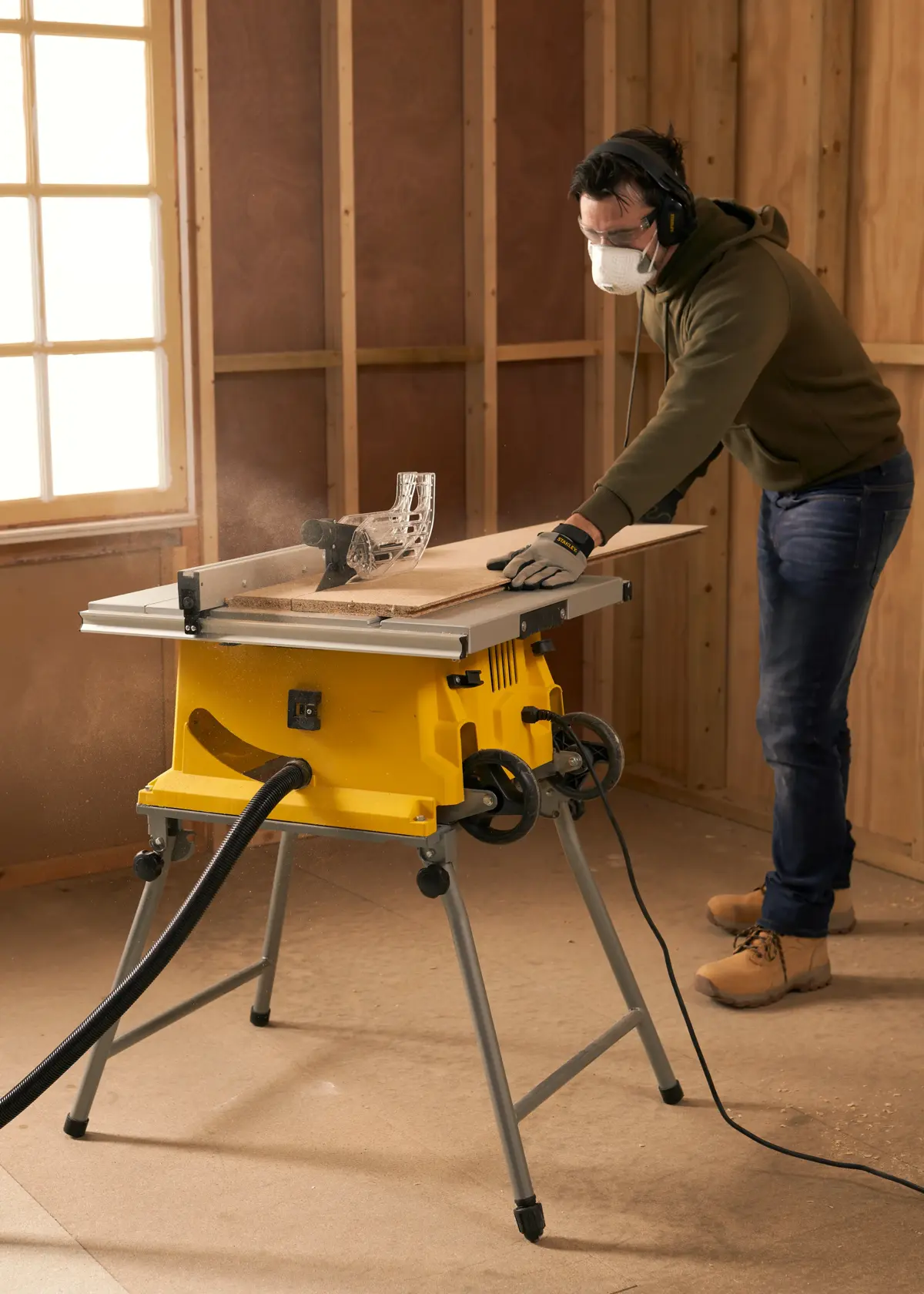 STANLEY SST1800 table saw in use cutting wood, indoor workshop setting.