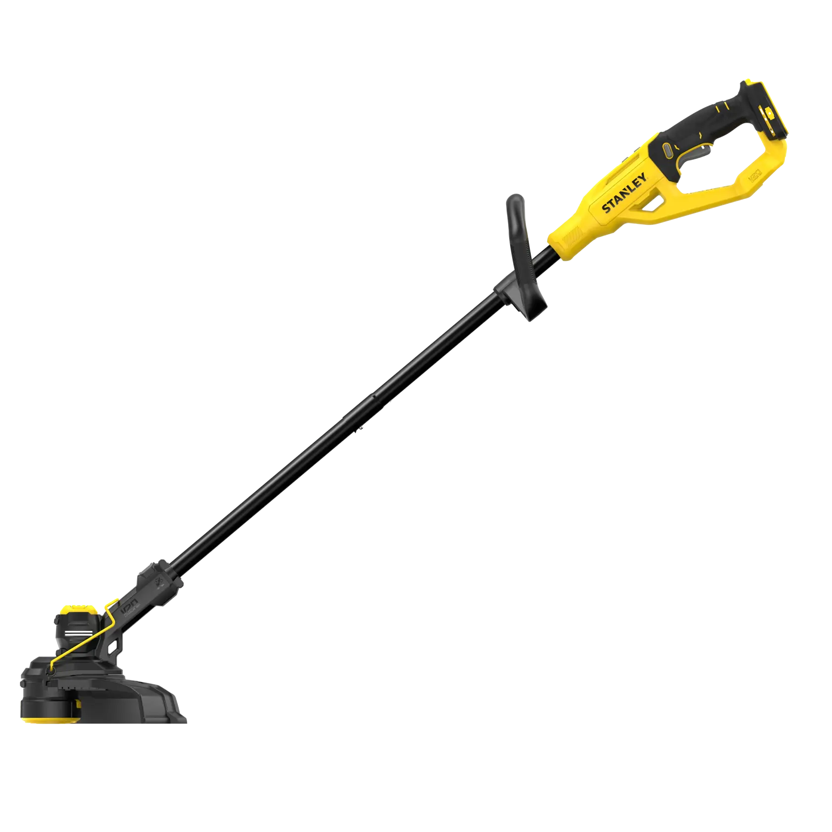 STANLEY STCST933B cordless grass trimmer, yellow and black, side view on white background.