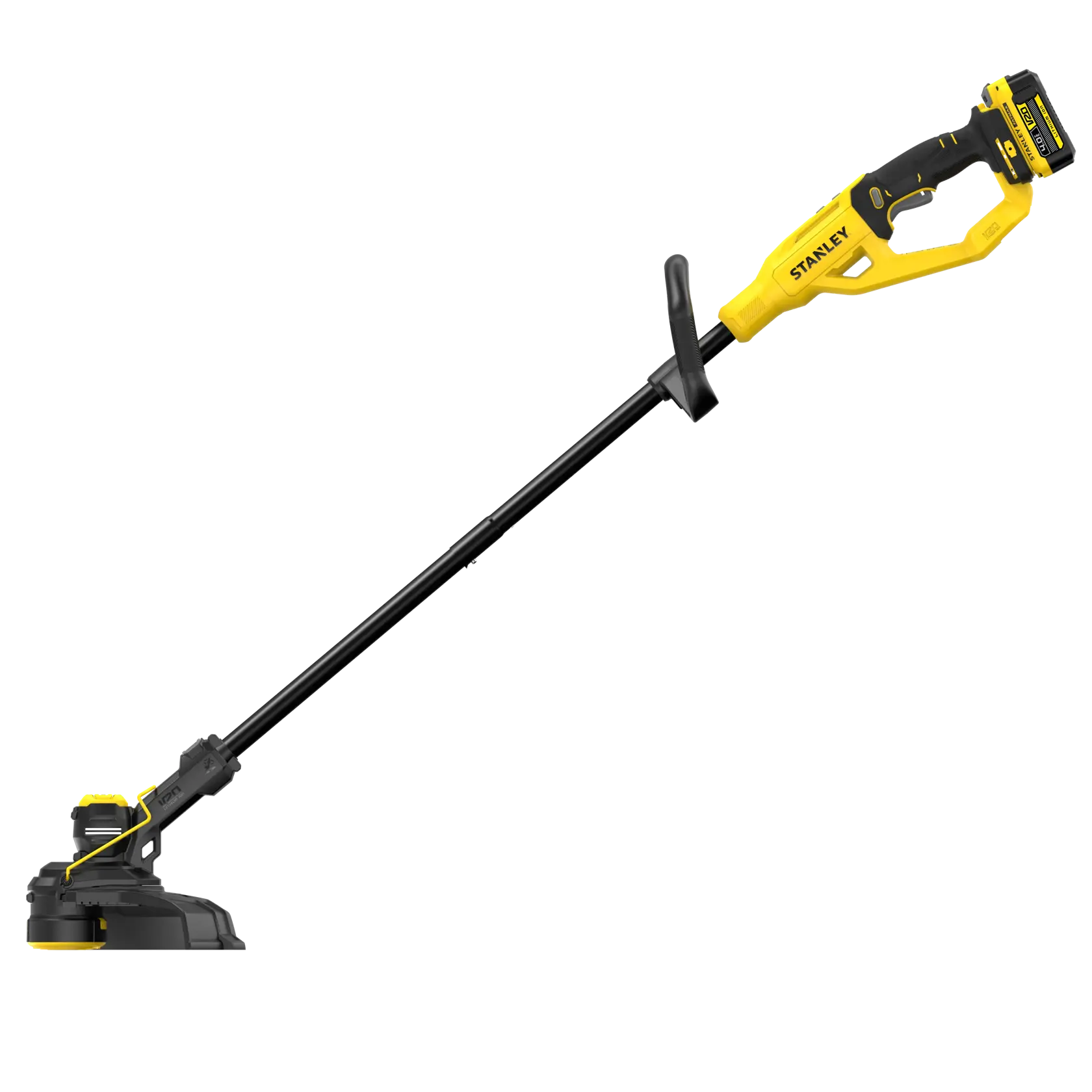 Photo of STANLEY STCST933M1 cordless grass trimmer, yellow and black, side angle, showing full shaft and handle.