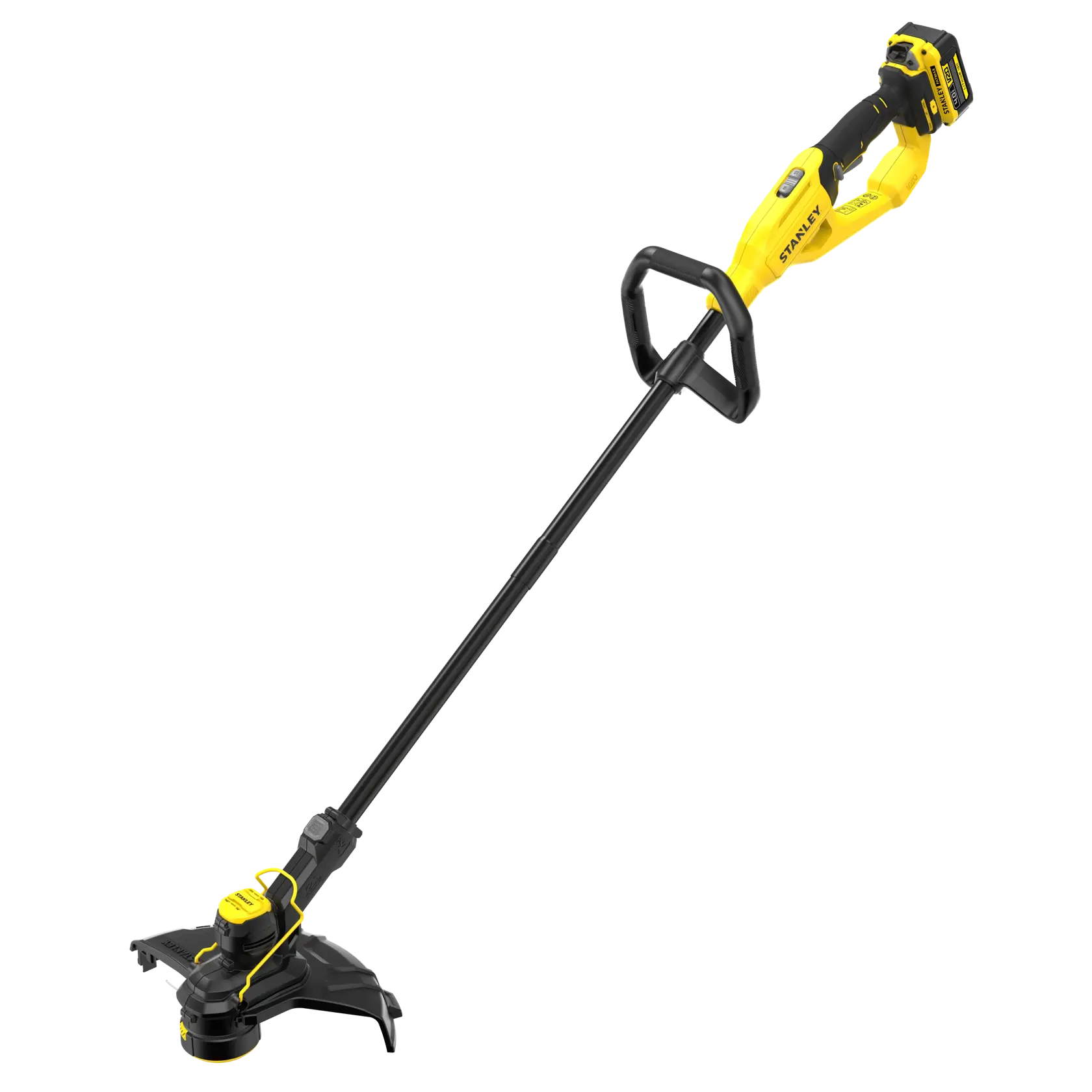 STANLEY STCST933M1 yellow and black cordless grass trimmer, side angle on white background.