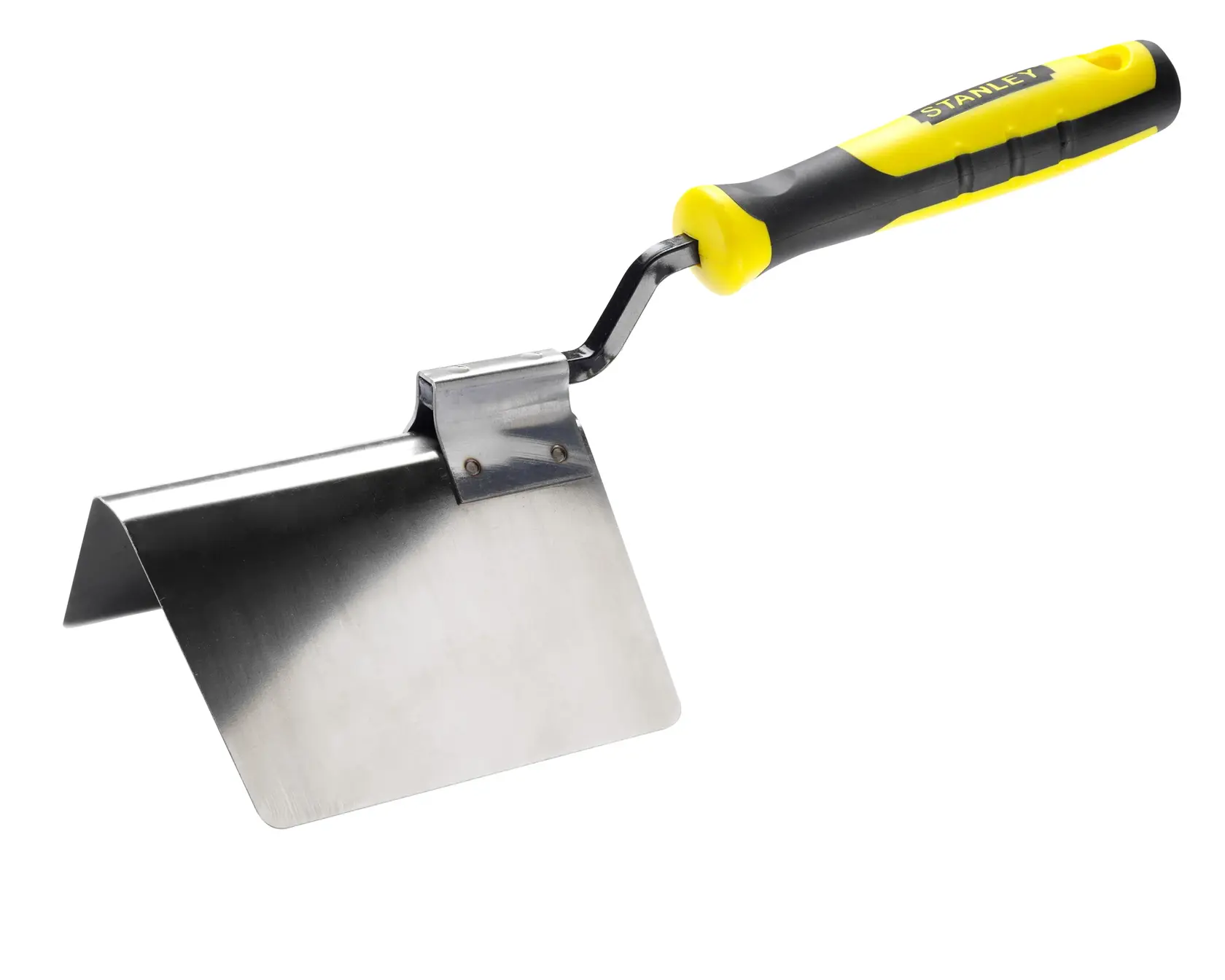 Stanley Handwerkzeug mit gelb-schwarzem Griff und abgewinkelter Metallklinge für Bau- oder Maurerarbeiten.