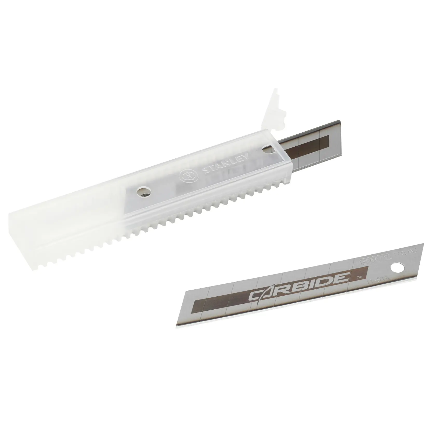 STANLEY STHT0-11818 utility blades with clear storage case, angled view, silver Carbide blade visible.