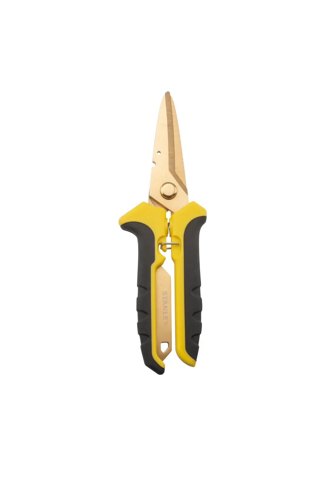 STANLEY STHT0-14103 aviation snip with yellow and black ergonomic handles, front angle on white background.