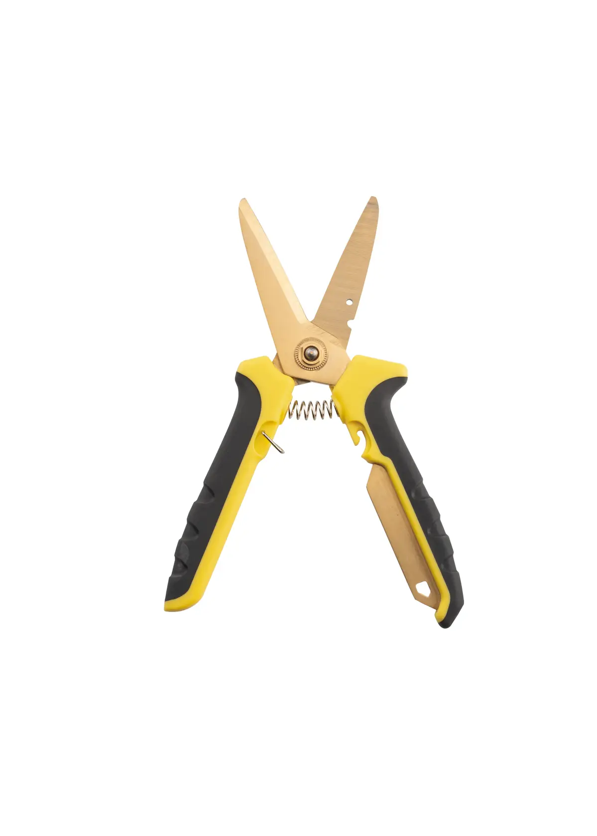 STANLEY STHT0-14103 titanium-coated scissors with yellow and black handles, front angle, white background.