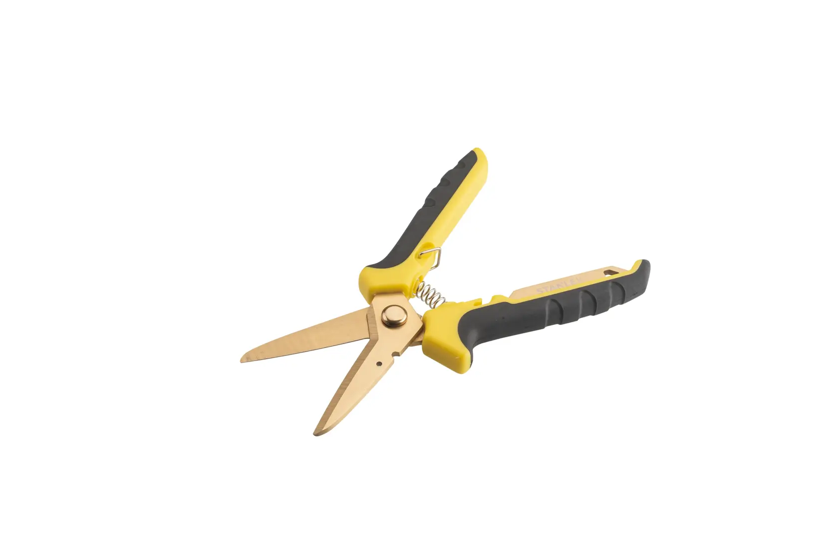 STANLEY STHT0-14103 scissors with yellow and black handle, gold-colored blades, side angle on white background.