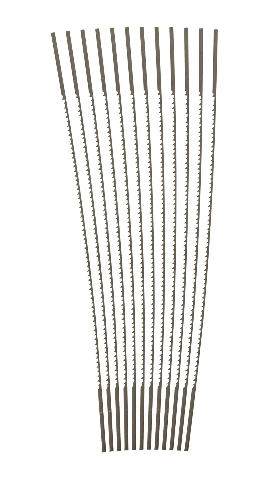 Photo of STANLEY STHT0-20129 scroll saw blades set, 12 metal blades fanned out, white background.