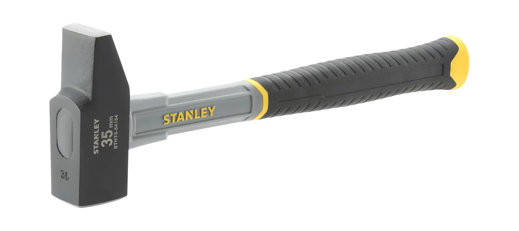 STANLEY STHT0-54154 sledge hammer with black head and gray handle, yellow brand logo, side angle photo.