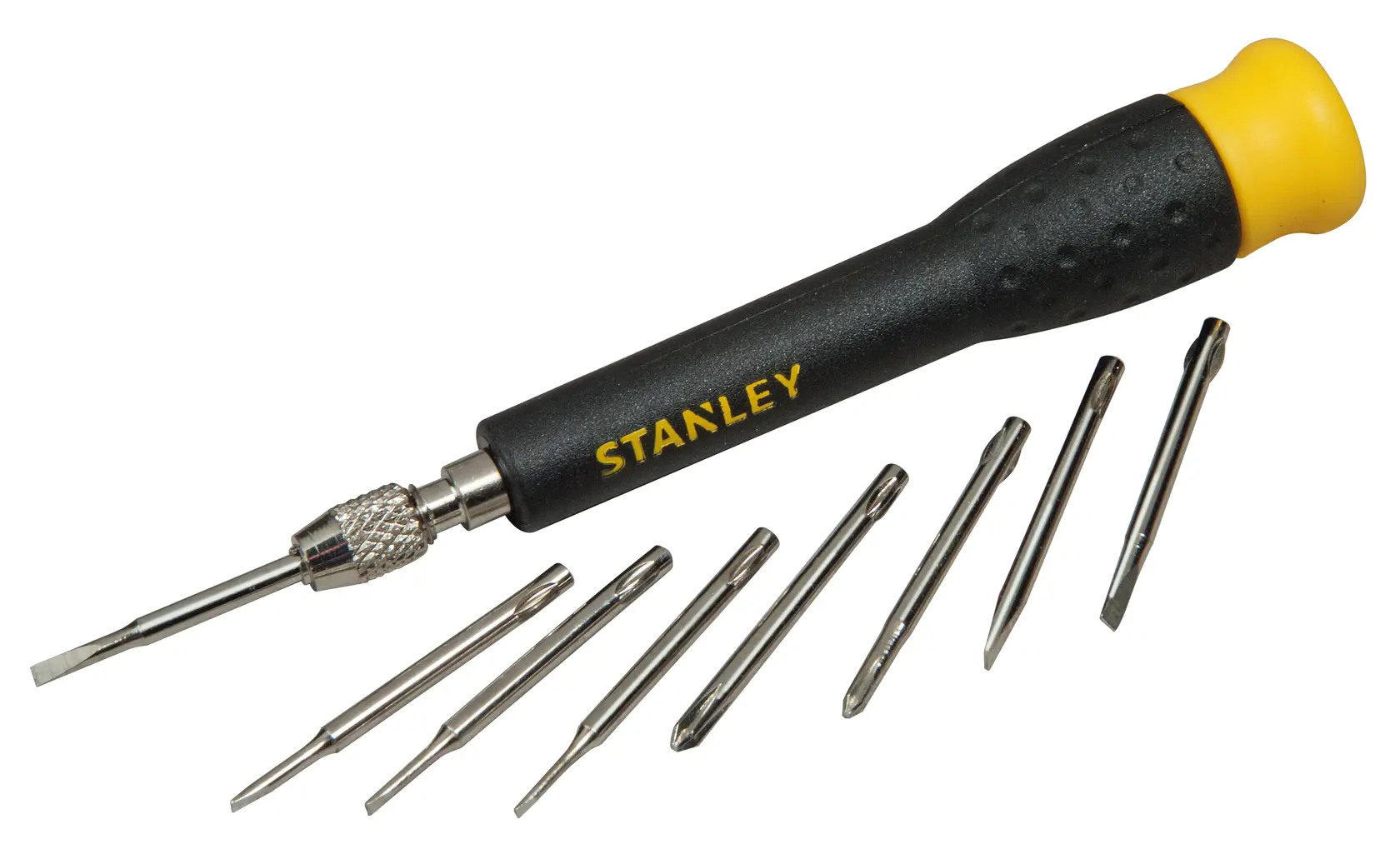 Stanley precision screwdriver with yellow handle and seven interchangeable bits arranged beside it.