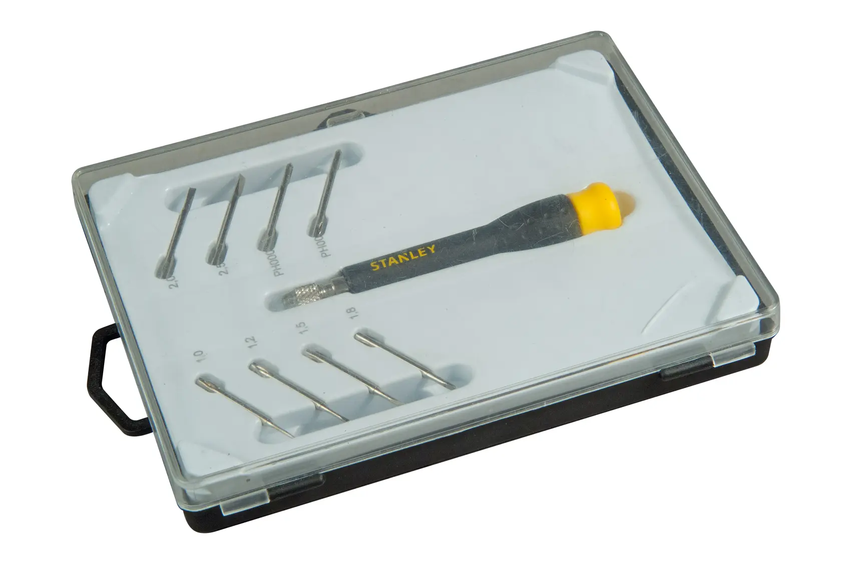 STANLEY STHT0-62629 precision screwdriver set with black and yellow handle and multiple bits in clear plastic case, angled view.