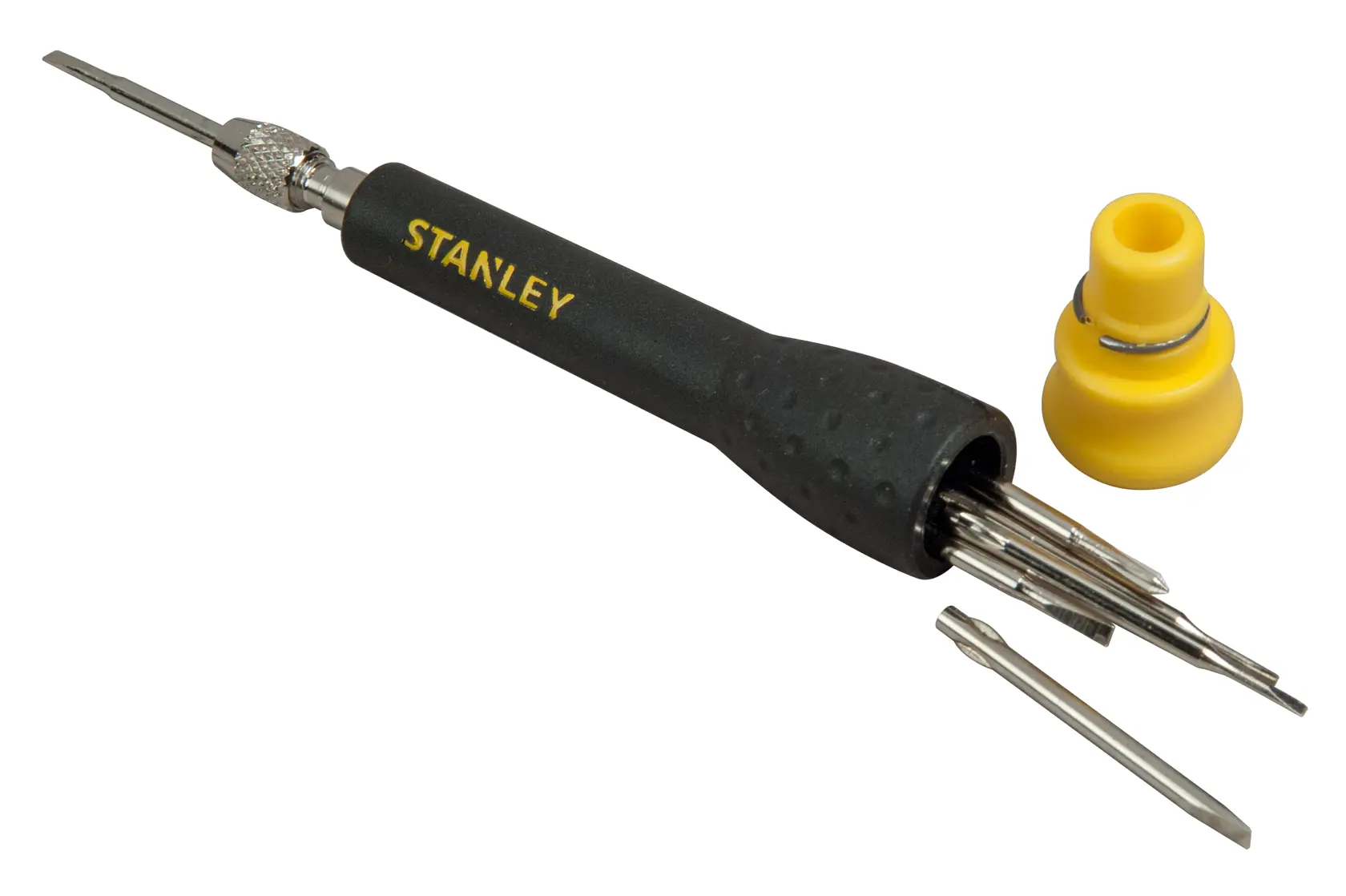 STANLEY STHT0-62629 precision screwdriver set with black handle and yellow bit holder, white background.