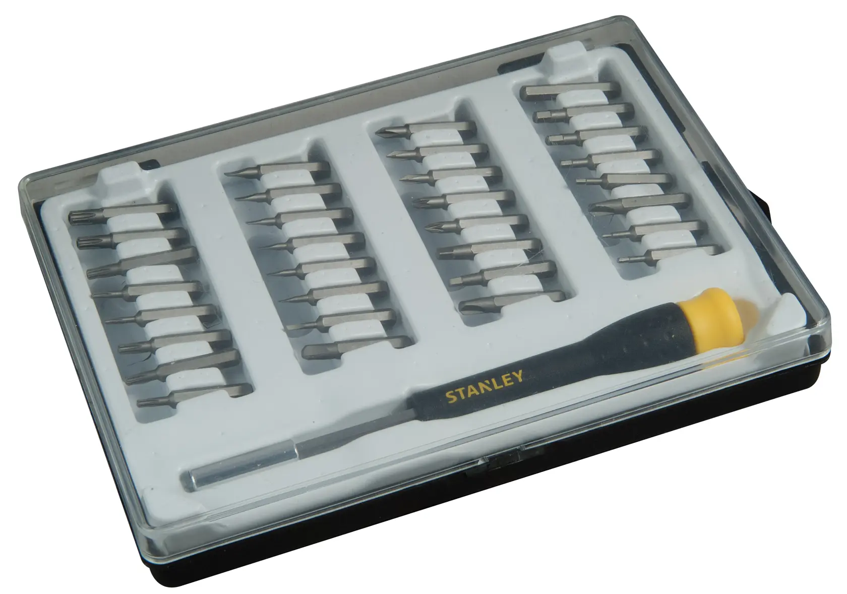 Stanley screwdriver set with interchangeable bits in a plastic storage case.