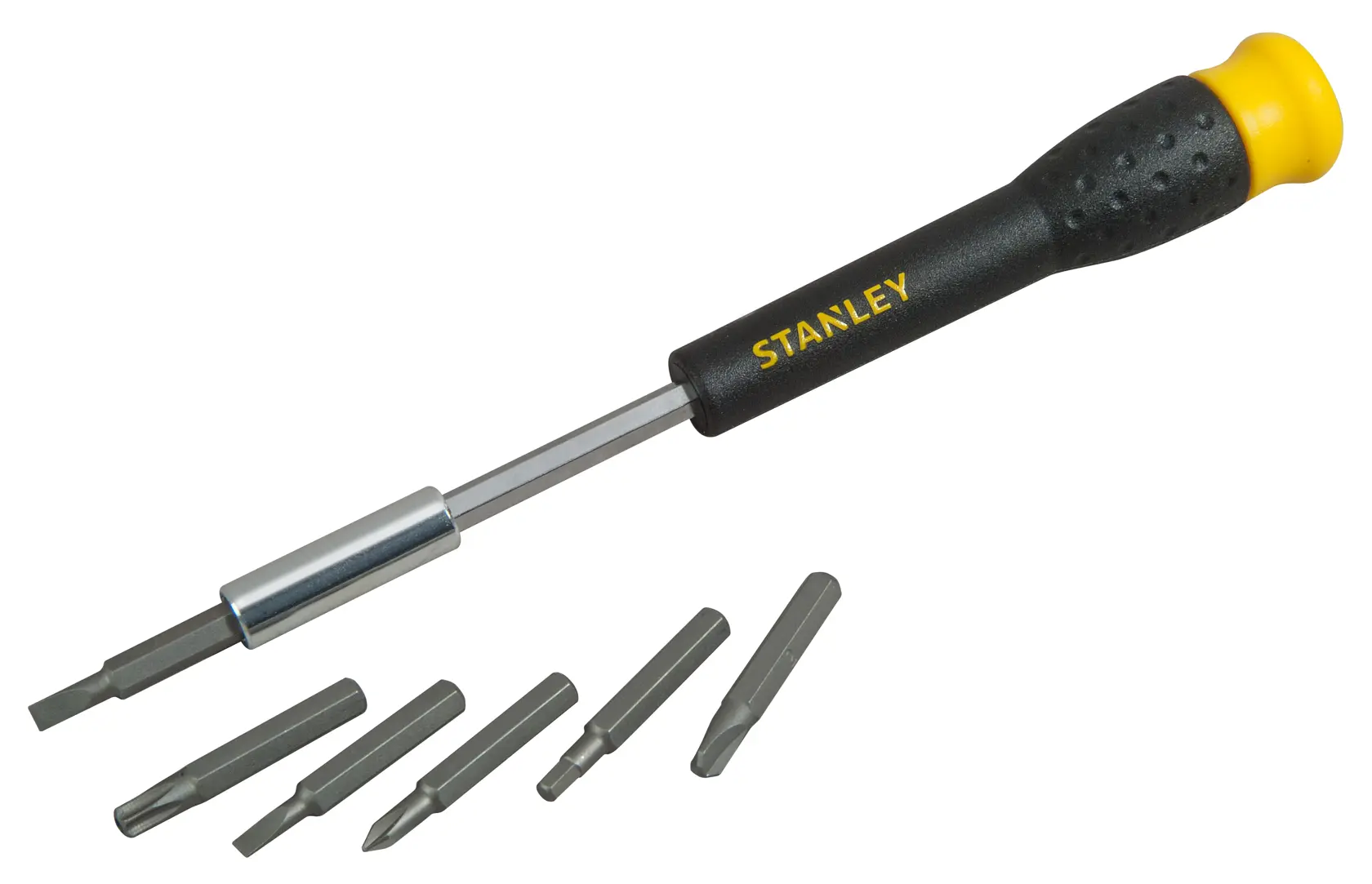 Stanley precision screwdriver with black handle and yellow end, shown with six interchangeable bits.