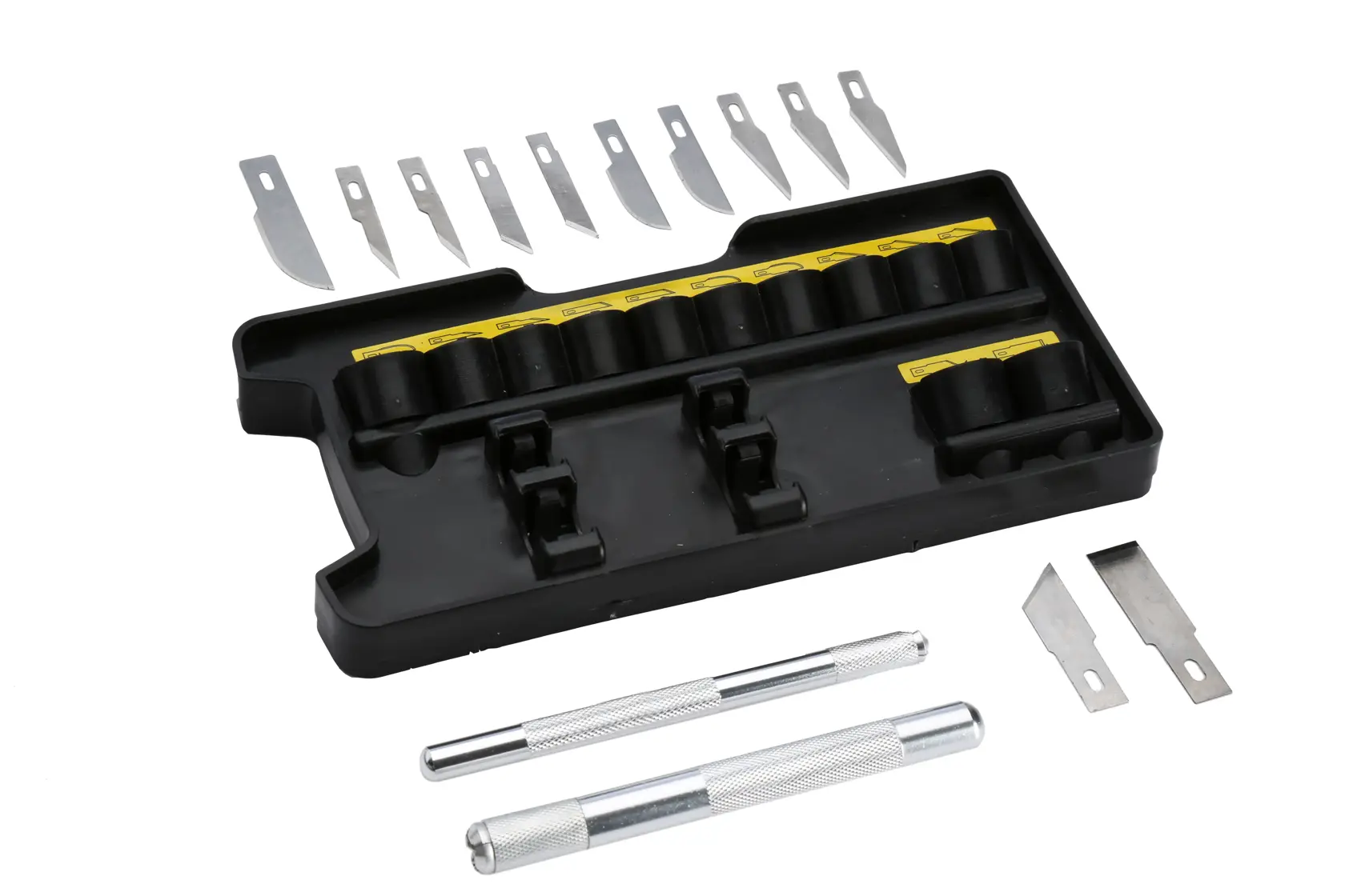 STANLEY STHT0-73872 precision knife set with metal handles, multiple blades, and black storage case, top angle.