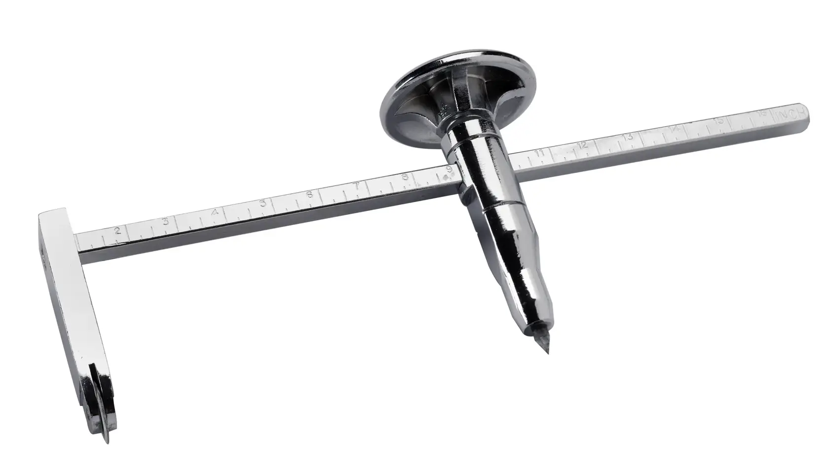 STANLEY STHT1-05878 metal marking gauge, silver finish, ruler and adjustable head, top angle photo.
