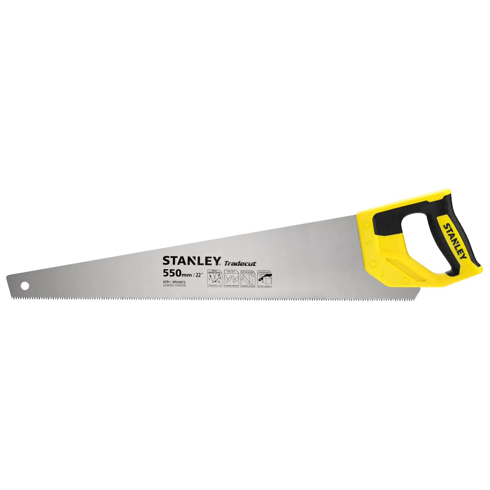 Photo of STANLEY STHT1-20352 hand saw, yellow and black handle, blade with printed measurements, angled view.