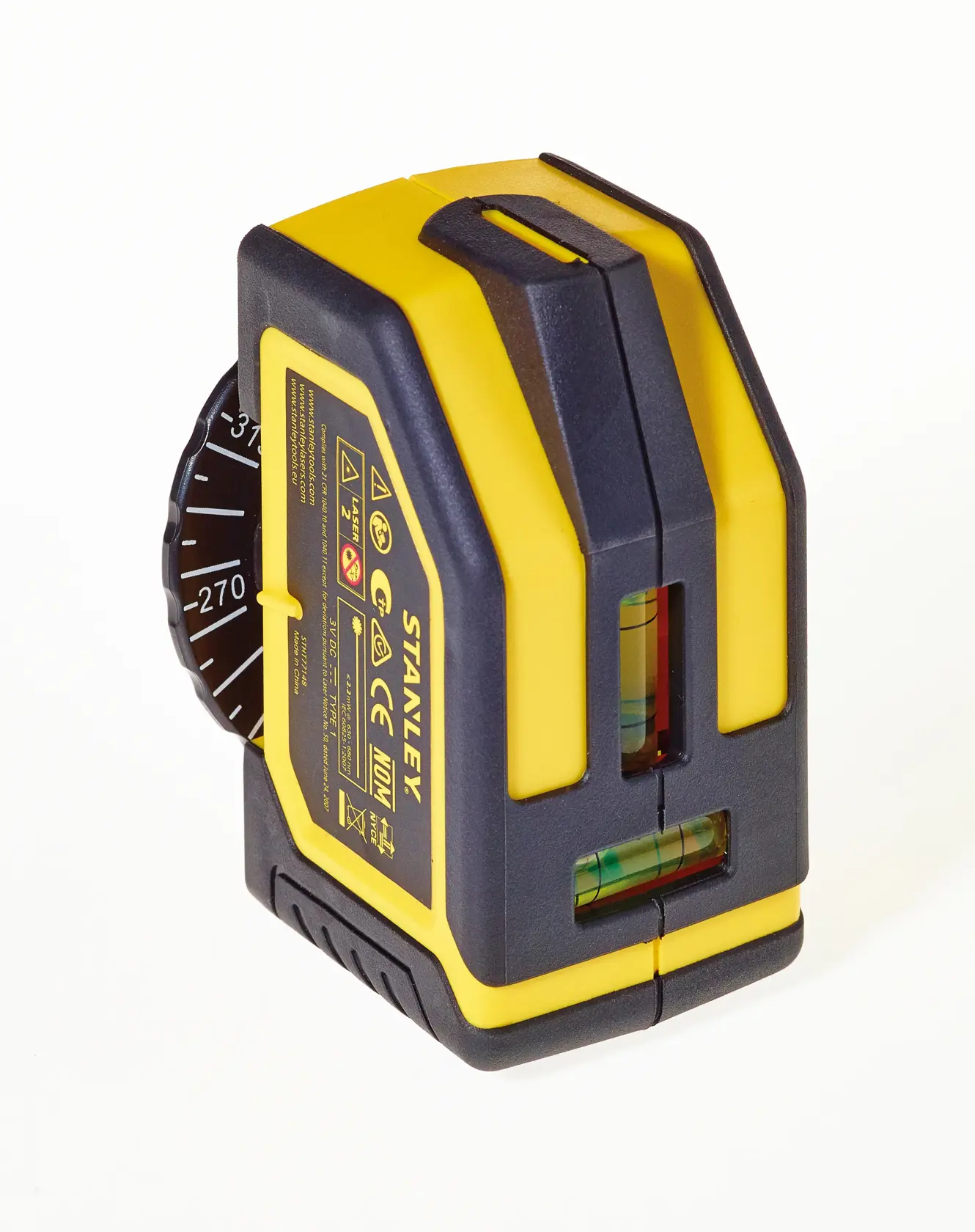 Stanley yellow and black laser level photography tool with angle dial on side.