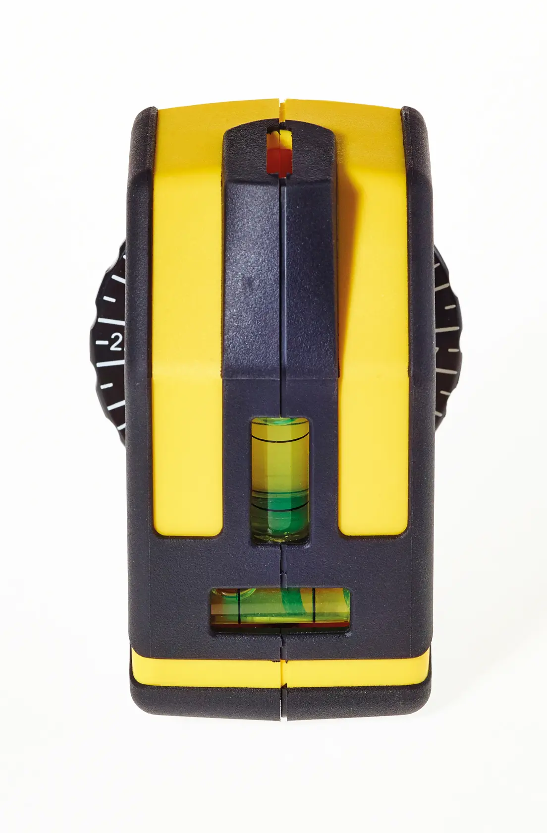STANLEY STHT1-77148 laser level, yellow and black, front angle, with visible bubble vials and adjustment dials.