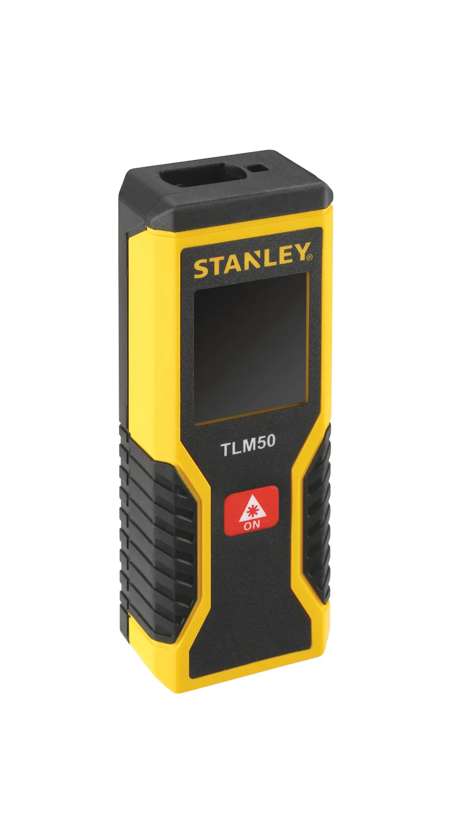 Photo of STANLEY TLM50 laser distance measurer, SKU STHT1-77409, yellow and black, angled view on white background.