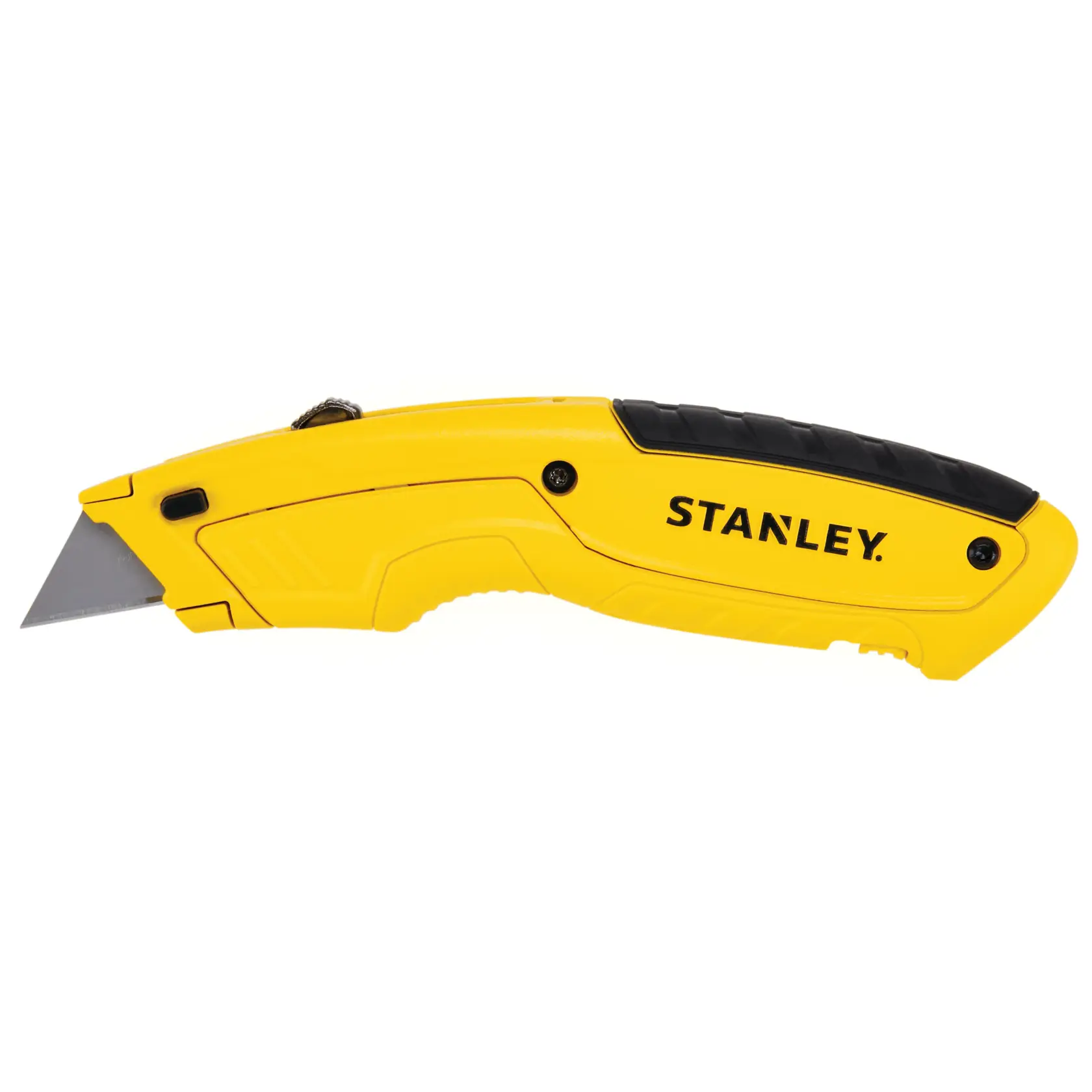 STANLEY STHT10430-0 utility knife, yellow and black, side view on white background, ergonomic handle.