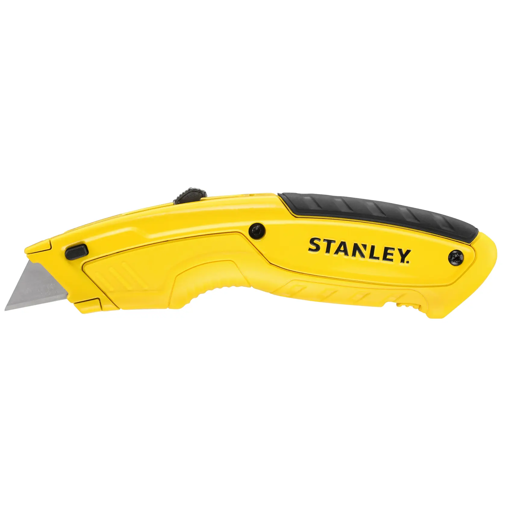 STANLEY STHT10430-0 yellow utility knife with black grip, left-side angle on white background.