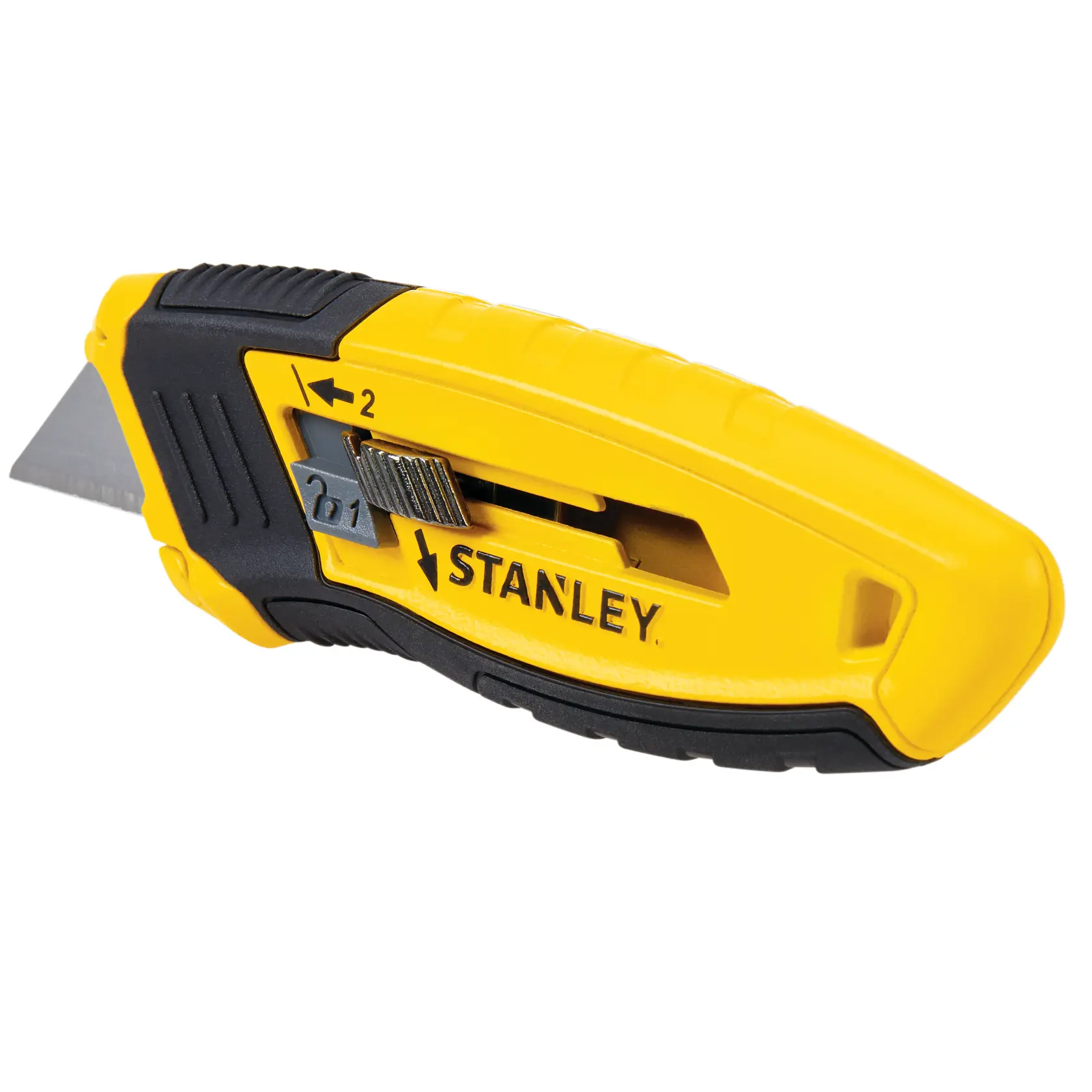 STANLEY STHT10432-0 utility knife with yellow and black handle, side view, blade partially extended.