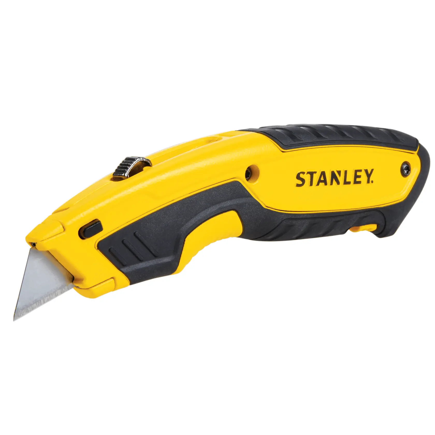 Foto vom STANLEY STHT10479-0 gelb-schwarzen Universalmesser mit Strukturgriff und sichtbarer Klinge, rechte Perspektive.