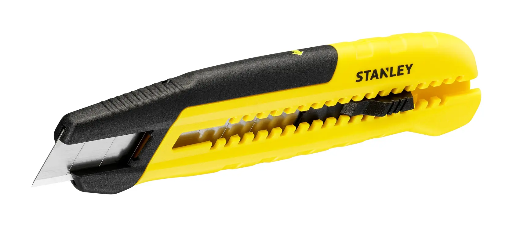 Stanley utility knife STHT10489, STHT10489-0 yellow black handle side angle, Photography category.