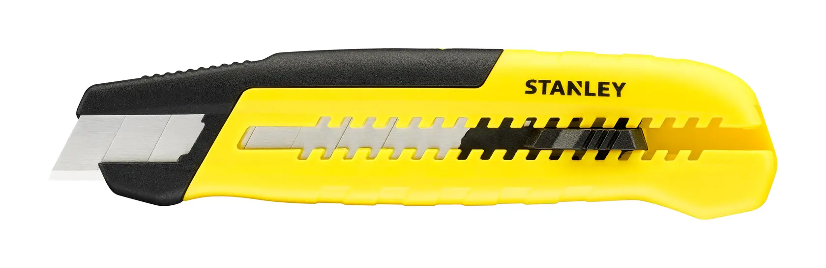 STANLEY STHT10489, STHT10489-0 yellow utility knife, side view, black grip, photography product.