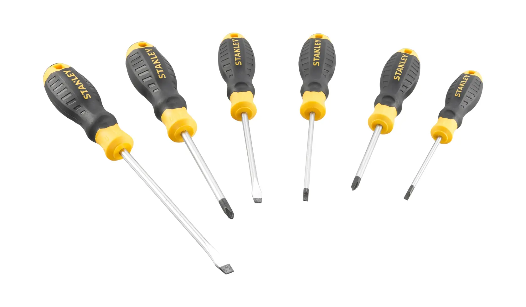 STANLEY STHT16165-0 screwdriver set with six black and yellow ergonomic handles, front angle, white background.