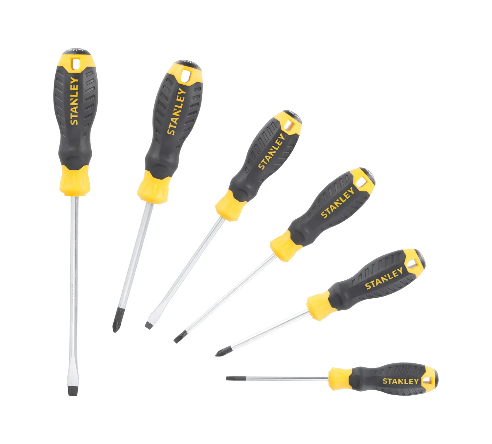 STANLEY STHT16165-0 screwdriver set, six black and yellow screwdrivers, photographed on white background.