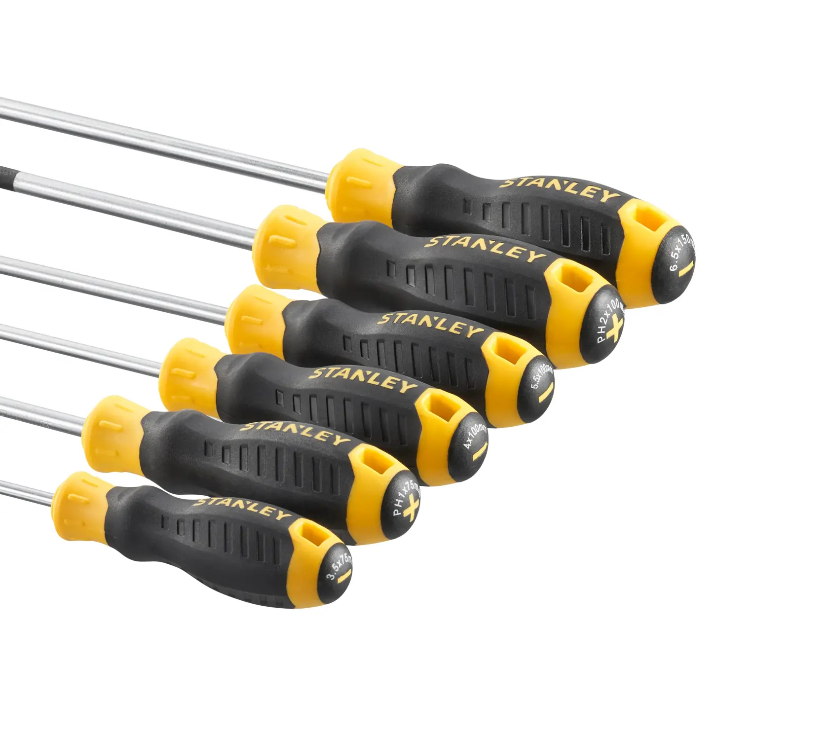 STANLEY STHT16165-0 screwdriver set with black and yellow handles, flat lay product photo.