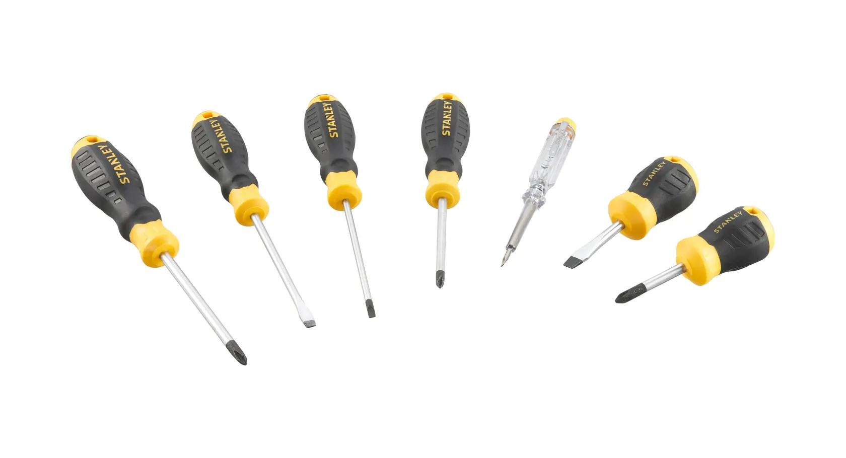 STANLEY STHT16166-0 screwdriver set with yellow and black handles, front angle on white background.